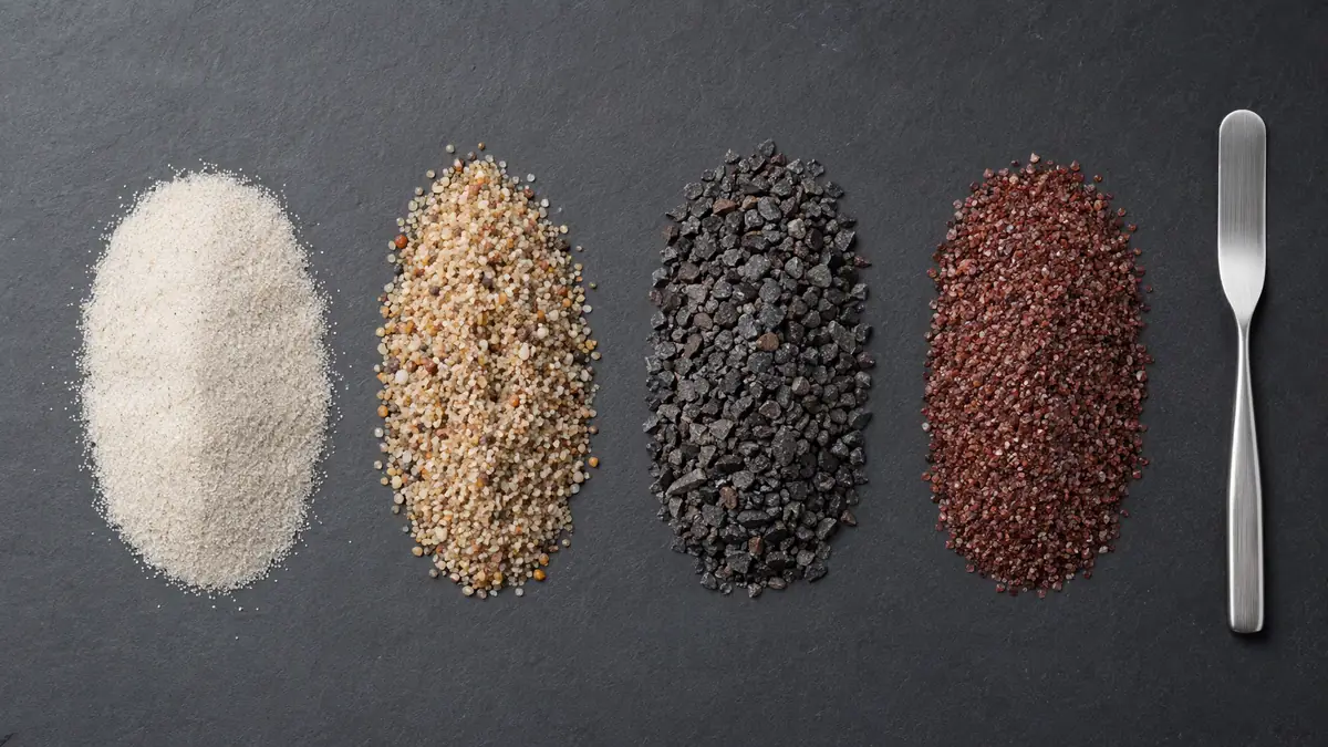 Top-down comparison of silica sand, river sand, copper slag, and garnet abrasive media on a dark surface.