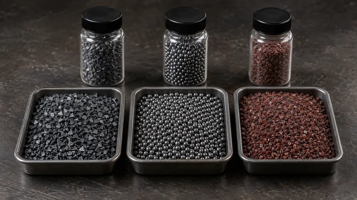 Three abrasive media types compared: angular steel grit, spherical steel shot, and garnet mineral abrasive in sample trays