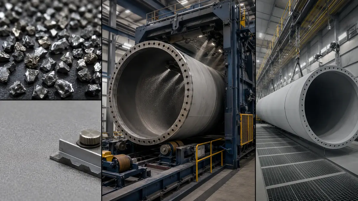 Multi-panel industrial collage showing steel grit abrasive blasting process on large wind tower steel sections inside automat