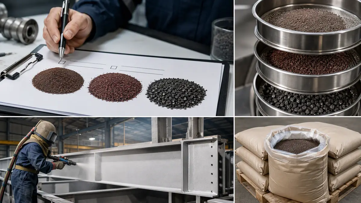Professional multi-panel collage showing abrasive samples, mesh size analysis, industrial blasting, and packaging for an abra