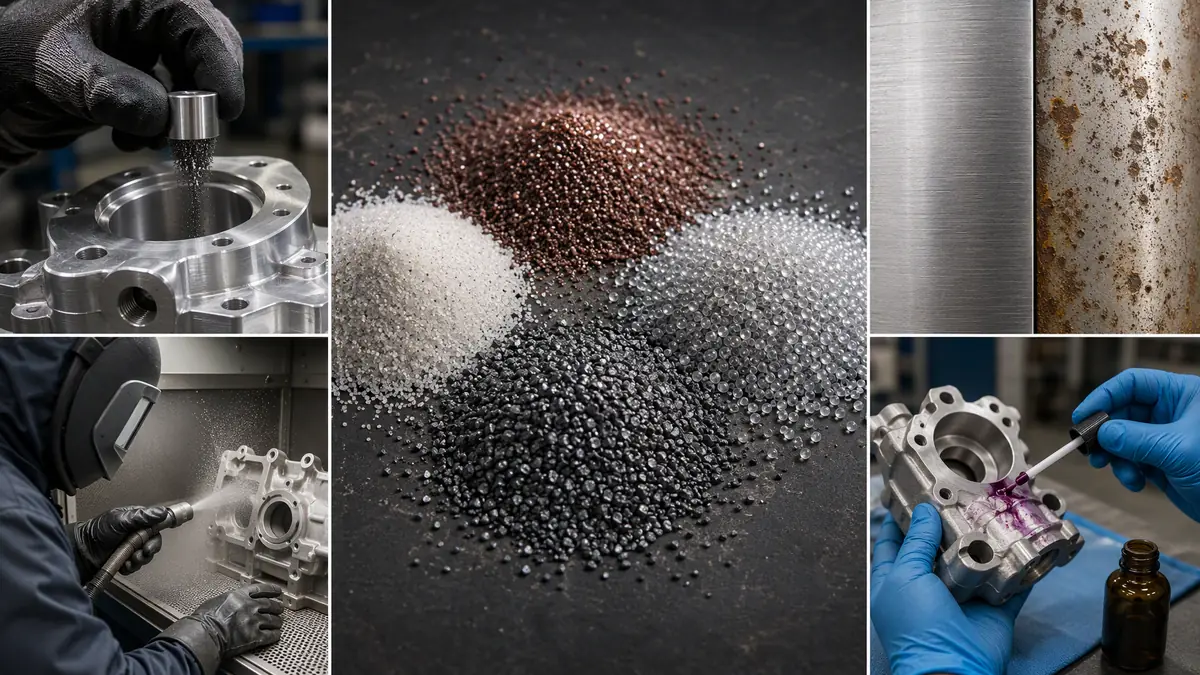Multi-panel industrial collage showing abrasive media types, metal alloy testing, and surface contamination comparison for bl