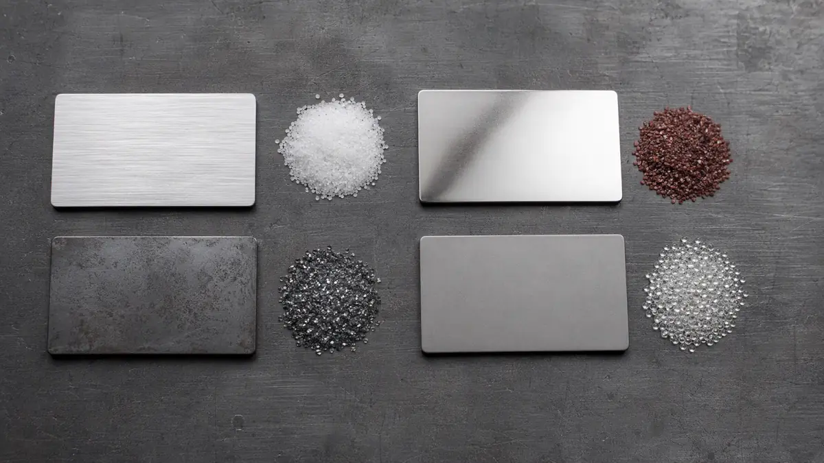 Flat lay of aluminum, stainless steel, carbon steel, and titanium coupons with corresponding abrasive media piles
