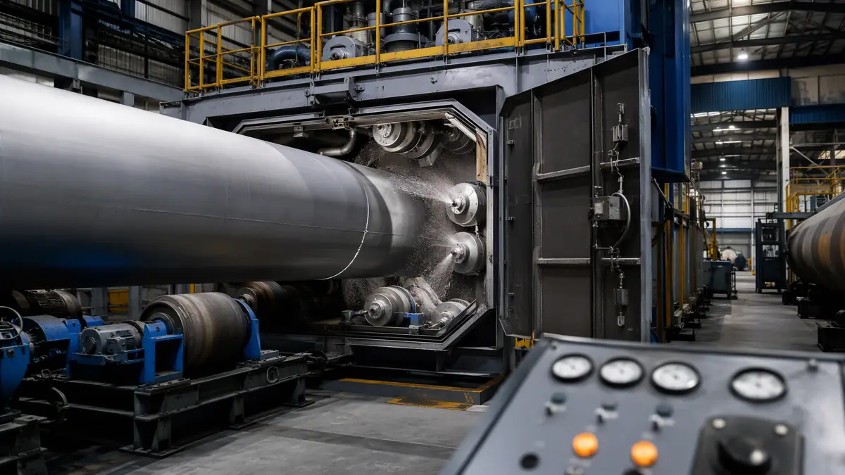 Automated wheel-blast machine processing rotating wind tower tubular steel section in high-volume fabrication facility