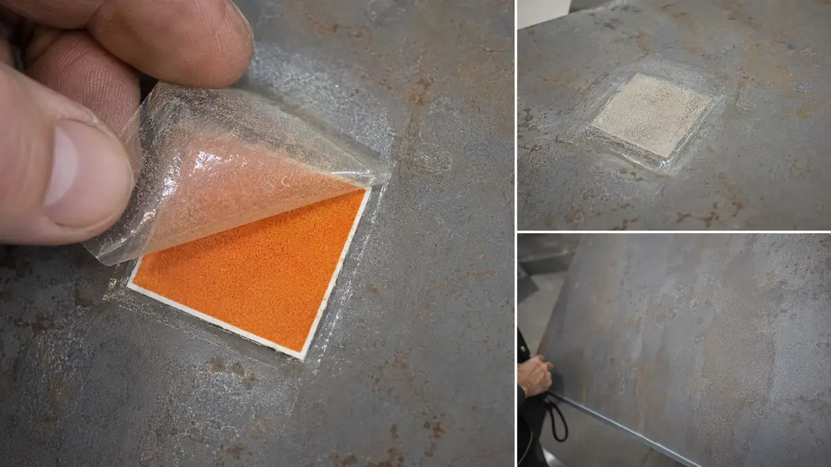 Bresle patch test revealing high salt contamination indicated by orange color change on test paper.
