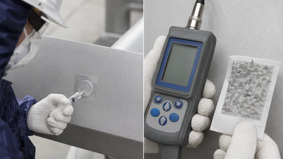 Technician performing Bresle patch salt test and measuring surface profile on blasted steel.