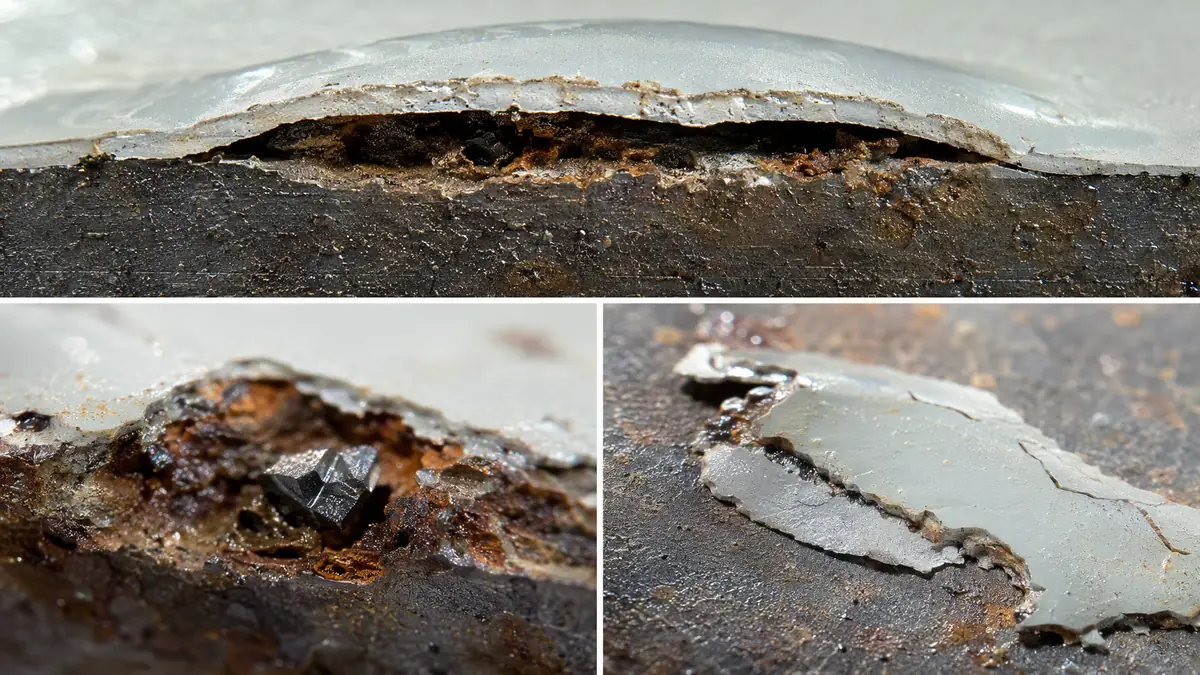 Macro close-up of coating delamination and corrosion on steel caused by embedded abrasive fragment.