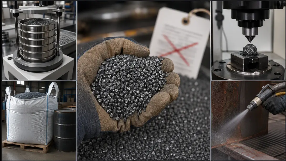 Multi-panel industrial collage comparing steel grit abrasive specifications including hardness testing, sieve analysis, packa