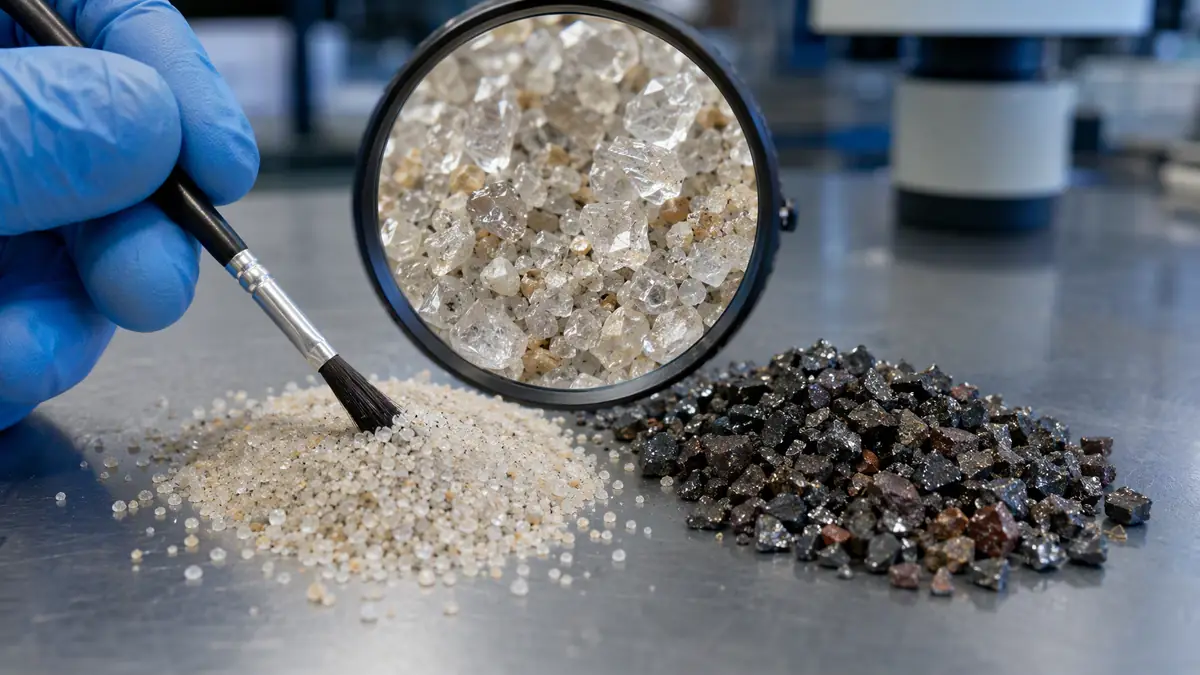 Close-up comparing crystalline silica sand grains with copper slag abrasive under a magnifying lens in a lab.