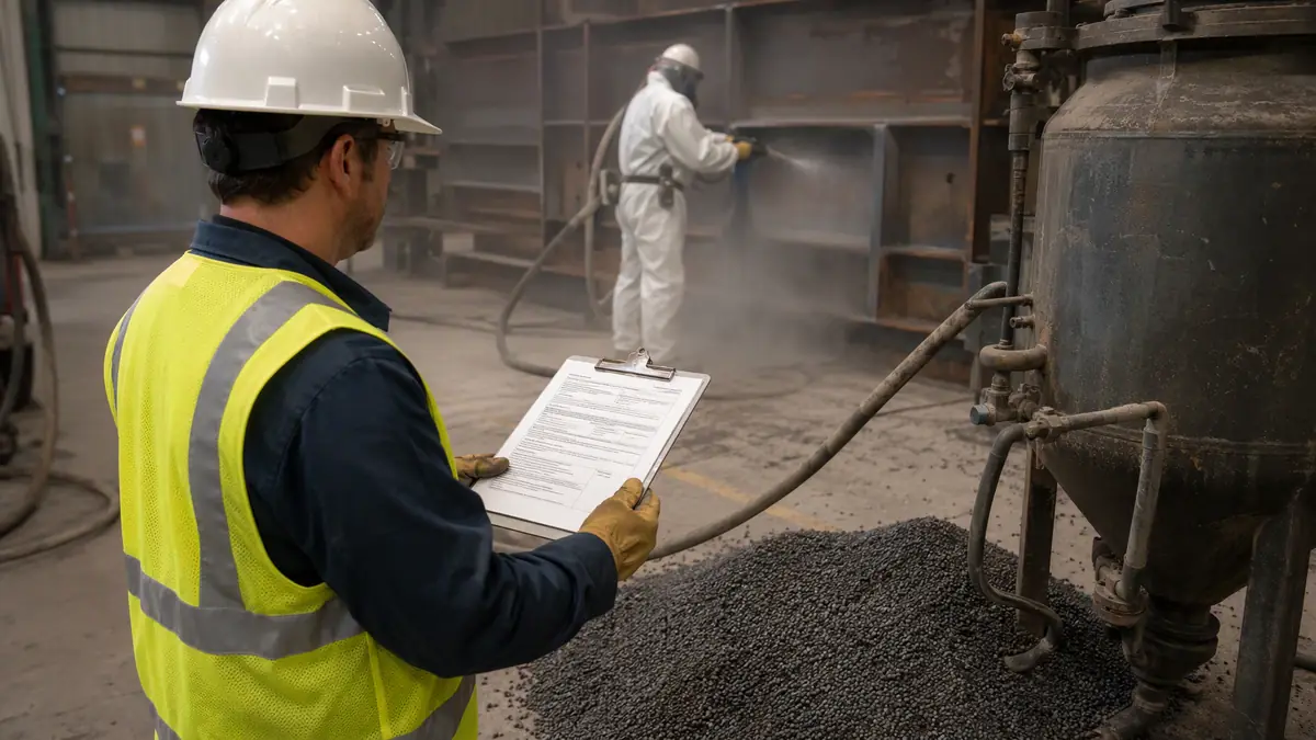 EHS officer reviewing an SDS document in a dusty industrial blasting facility while a worker operates a blast nozzle in the b