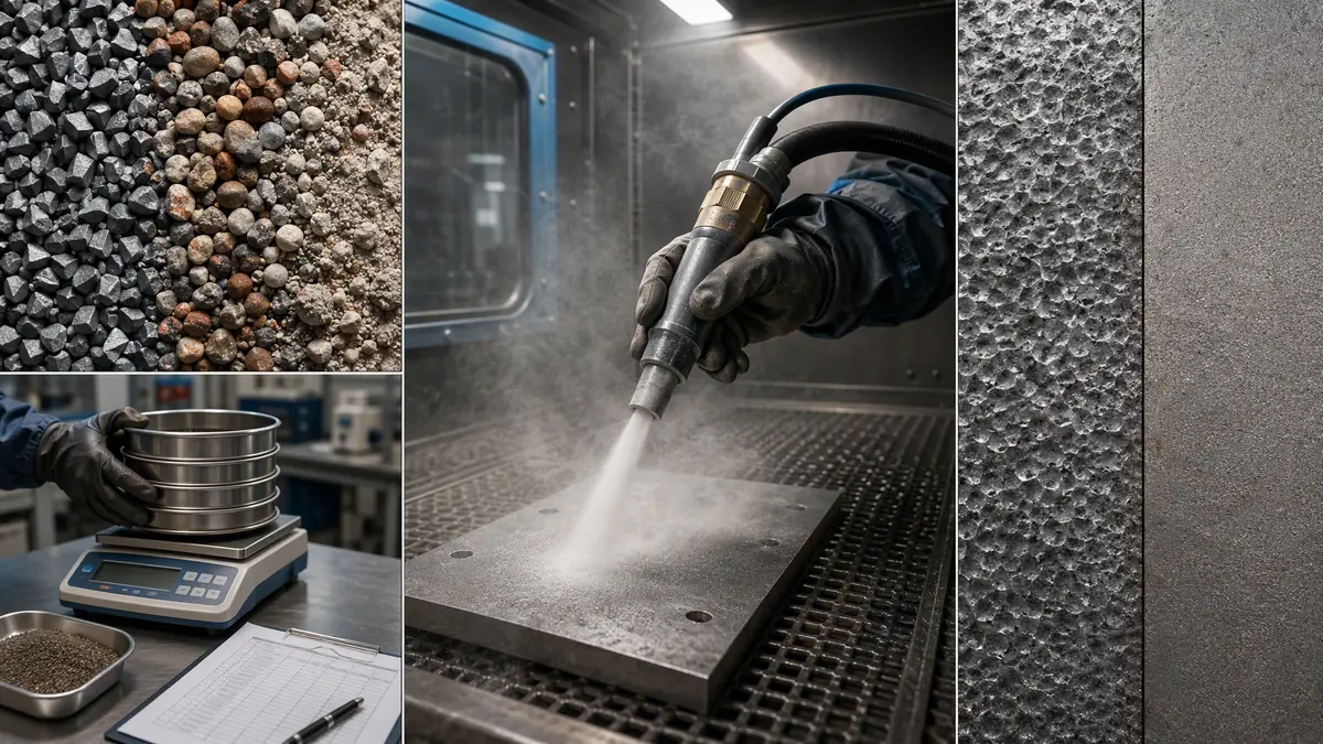 Multi-panel industrial collage showing abrasive breakdown lifecycle: blast cabinet operation, particle degradation close-up,