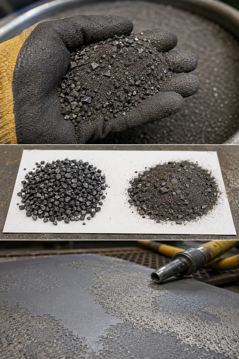 Industrial collage showing contaminated steel grit abrasive with excessive fines, an air-wash classifier, and a patchy blaste