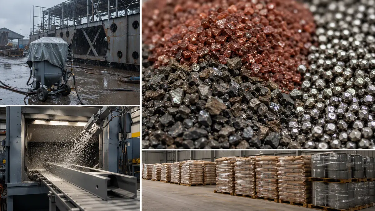 Multi-panel editorial image showing monsoon impact on abrasive demand: outdoor blasting downtime in rain, indoor shot blastin