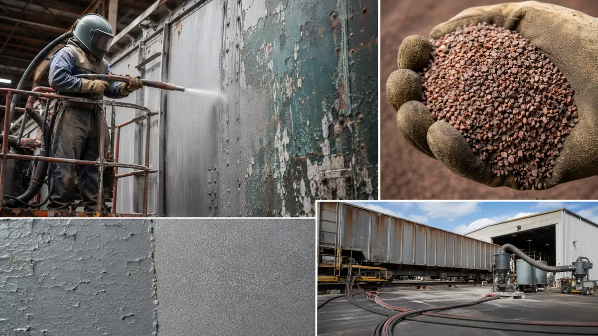 Multi-panel industrial collage showing garnet abrasive blasting process on a railcar, including media close-up, surface profi