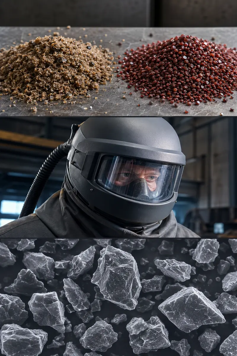 Multi-panel collage comparing hazardous silica sand with safe garnet abrasive, a modern blast helmet, and a microscopic view
