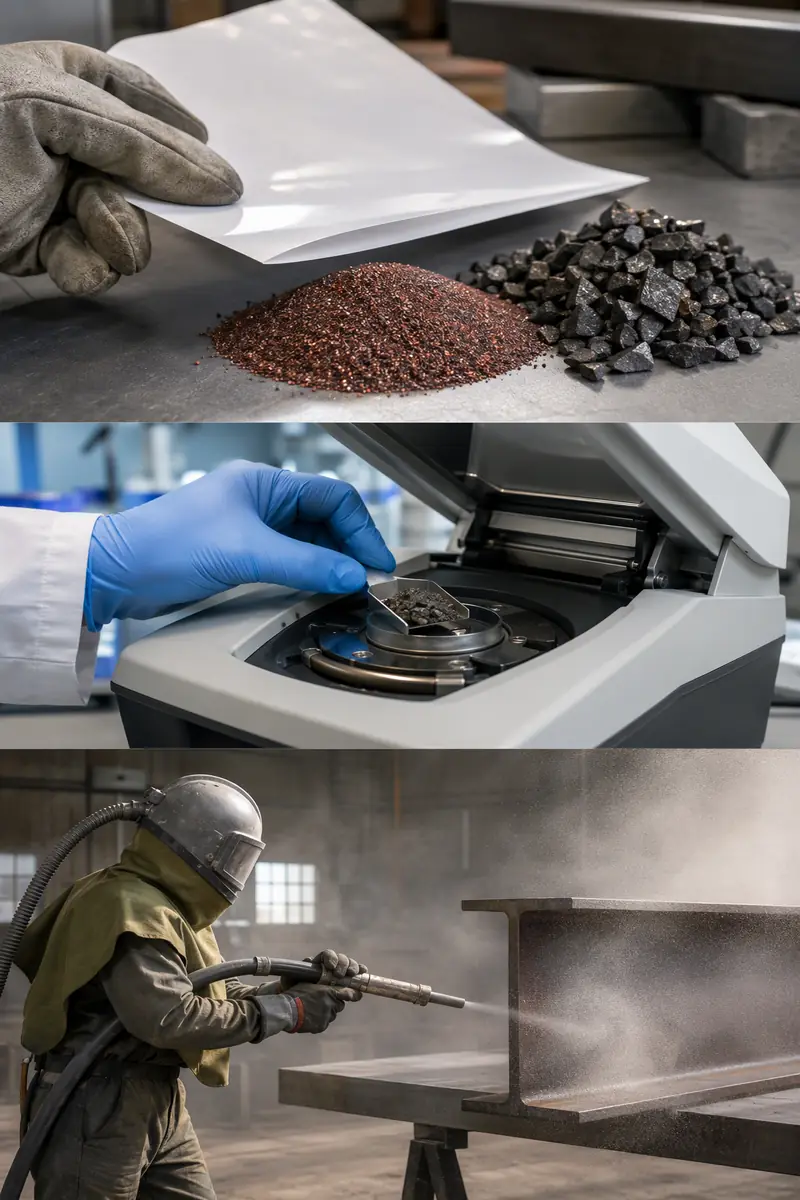 Industrial safety collage showing SDS document review, silica testing, and worker blasting steel with garnet abrasive to eval