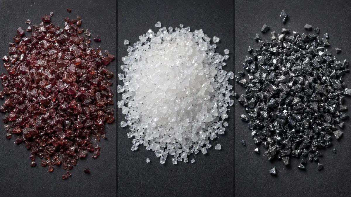 Top-down comparison of garnet, aluminum oxide, and steel grit abrasive media.