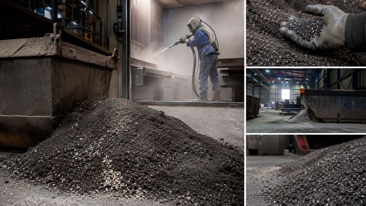 Worker blasting in a shop with a large pile of spent garnet abrasive waste in the foreground.