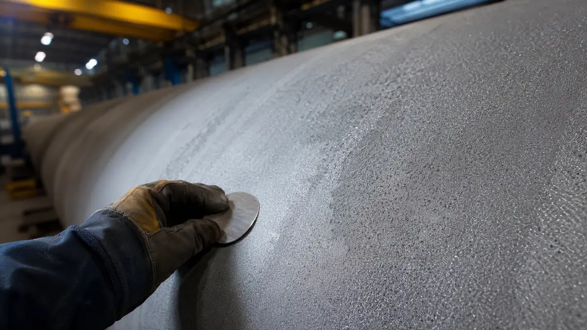 Close-up of inconsistent surface profile on curved wind tower steel showing shallow areas and uneven blast coverage