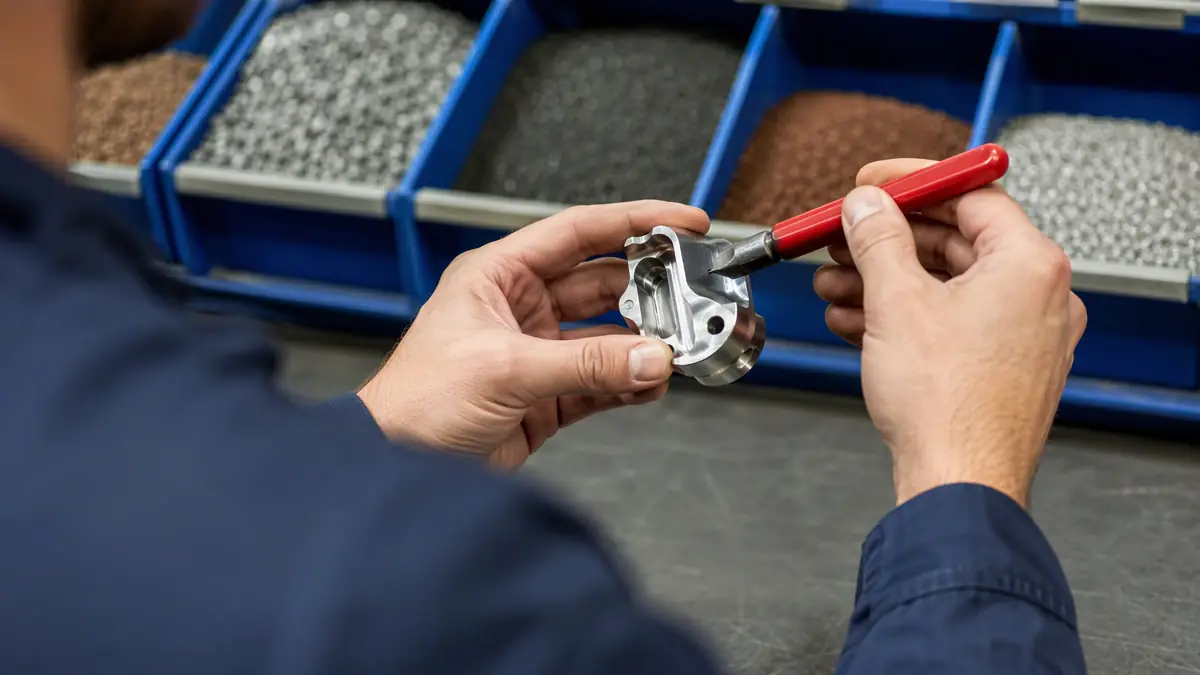 Technician performing a magnet test on a metal part to identify the alloy before blasting