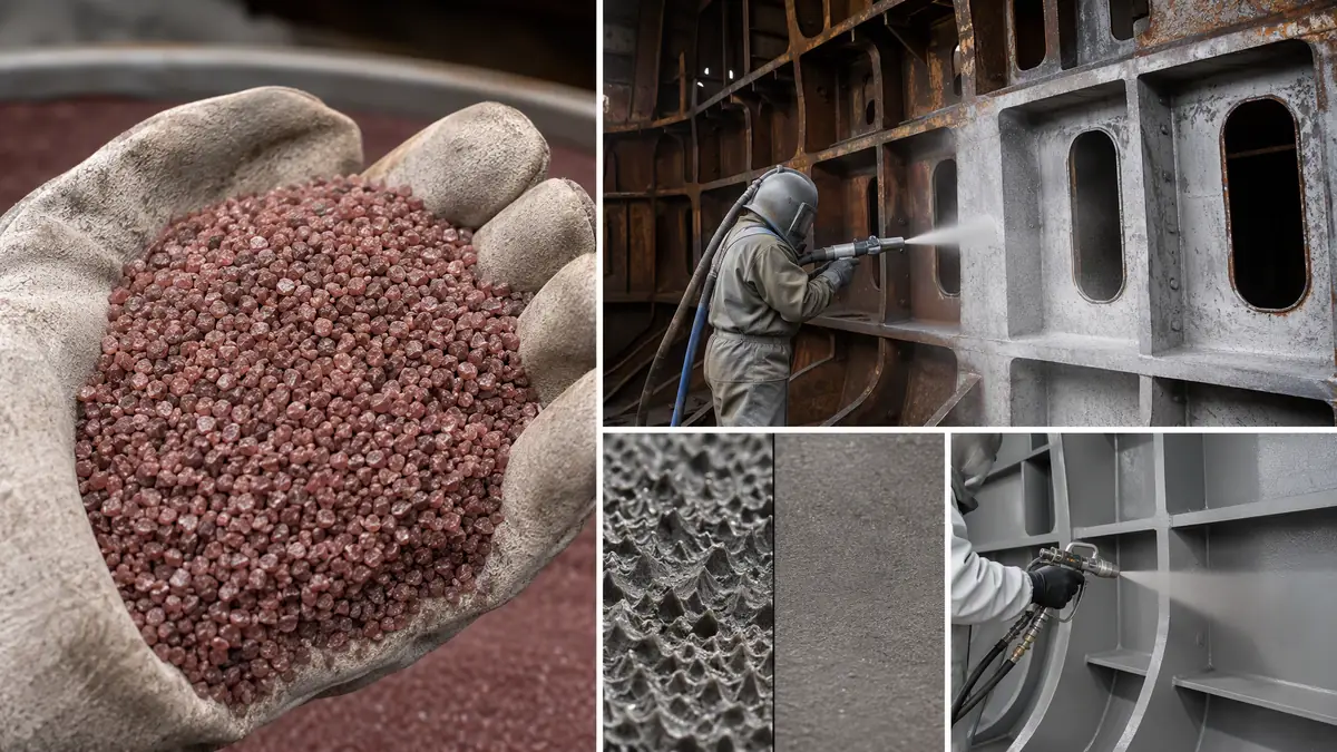 Multi-panel collage showing garnet abrasive, ballast tank blasting, surface profile comparison, and epoxy coating application