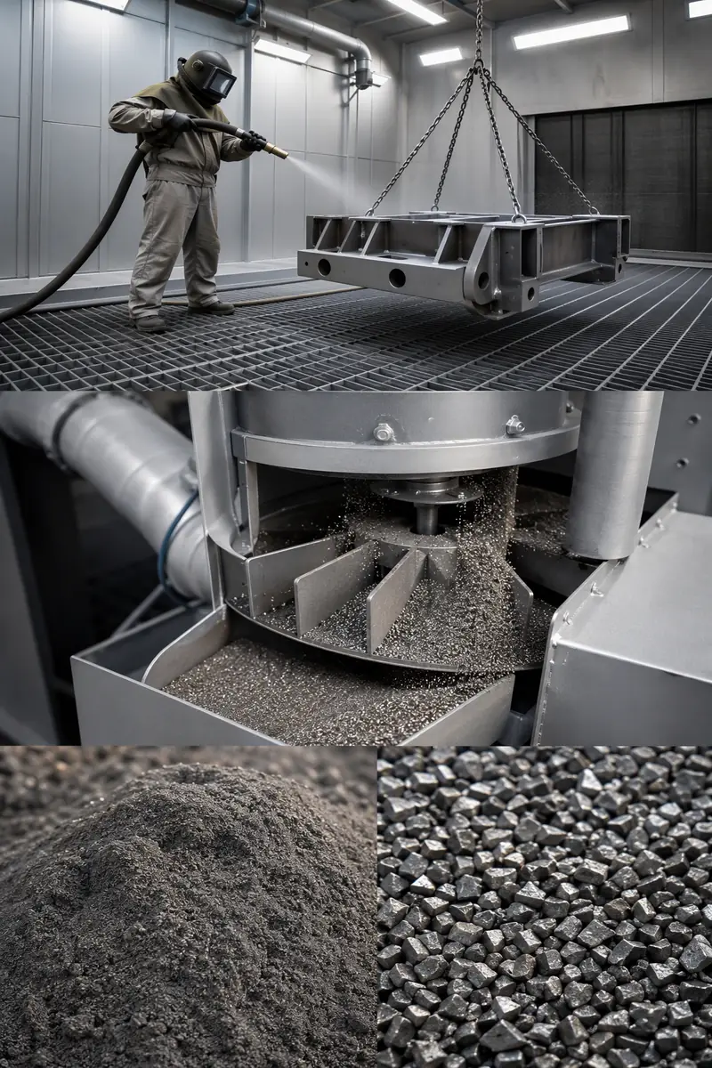 Multi-panel industrial collage showing a steel grit recycling blast room, air-wash separator, spent mineral abrasive waste, a