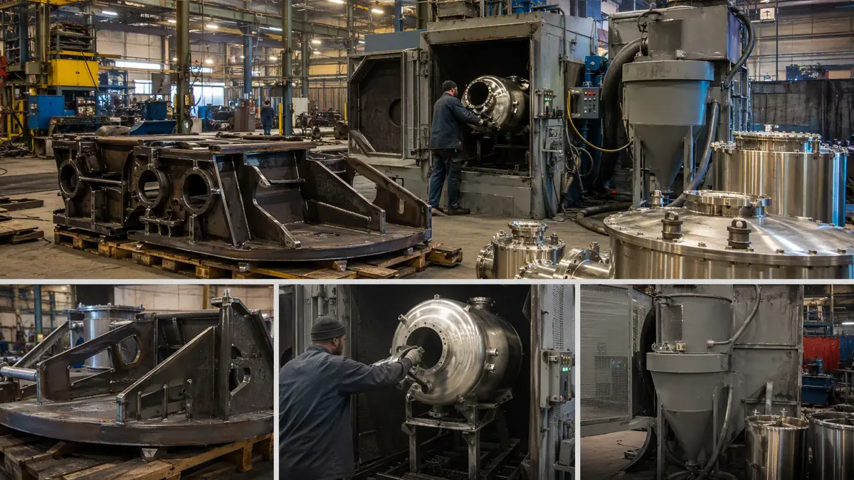 Industrial fabrication shop with carbon steel and stainless steel parts staged near the same blast equipment
