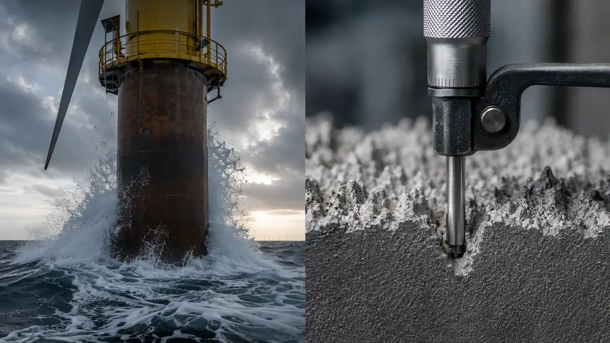 Offshore wind monopile in harsh ocean environment contrasted with close-up of blasted steel surface profile measurement