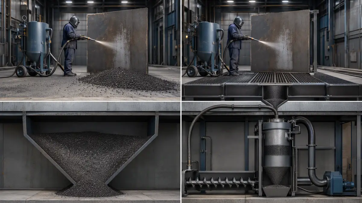 Photorealistic comparison of an open-loop mineral abrasive system and a closed-loop steel grit recycling system.