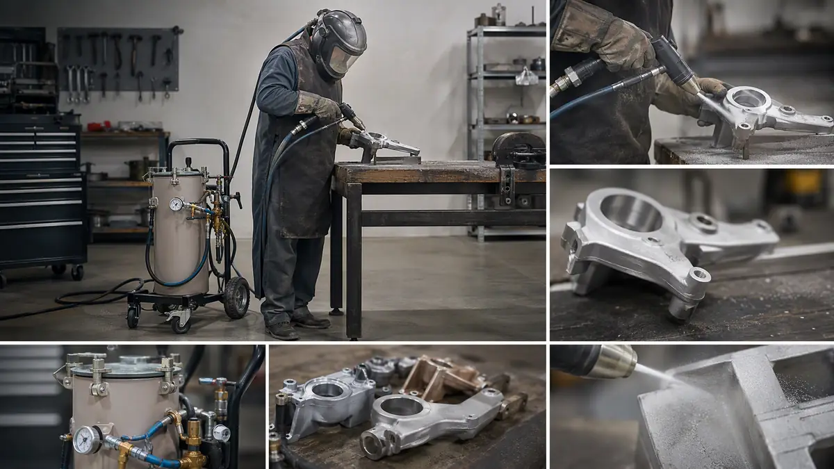 Worker using a portable mineral abrasive blast pot on a non-ferrous part in a small job shop.