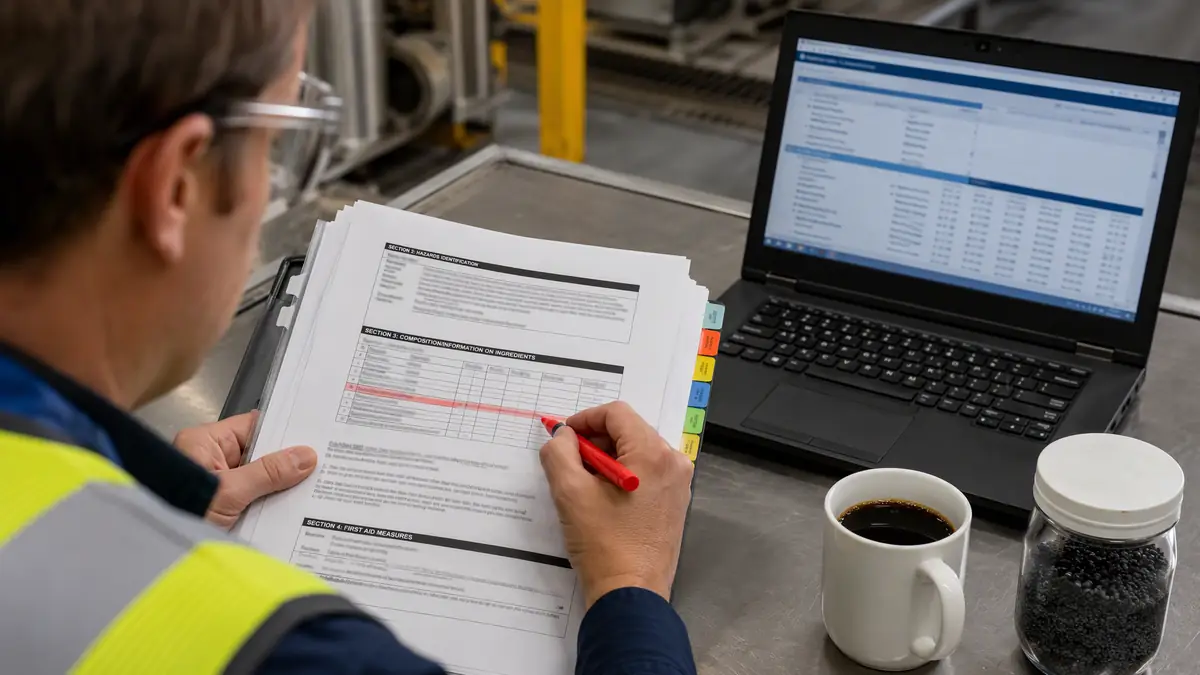 EHS officer highlighting the composition section of a Safety Data Sheet for crystalline silica content.