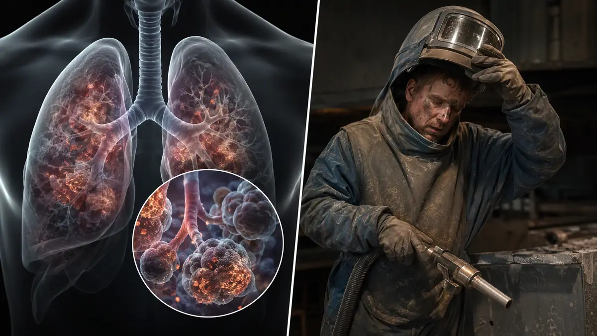 Artistic split image showing silica particles damaging lungs and a fatigued industrial blaster pausing work.