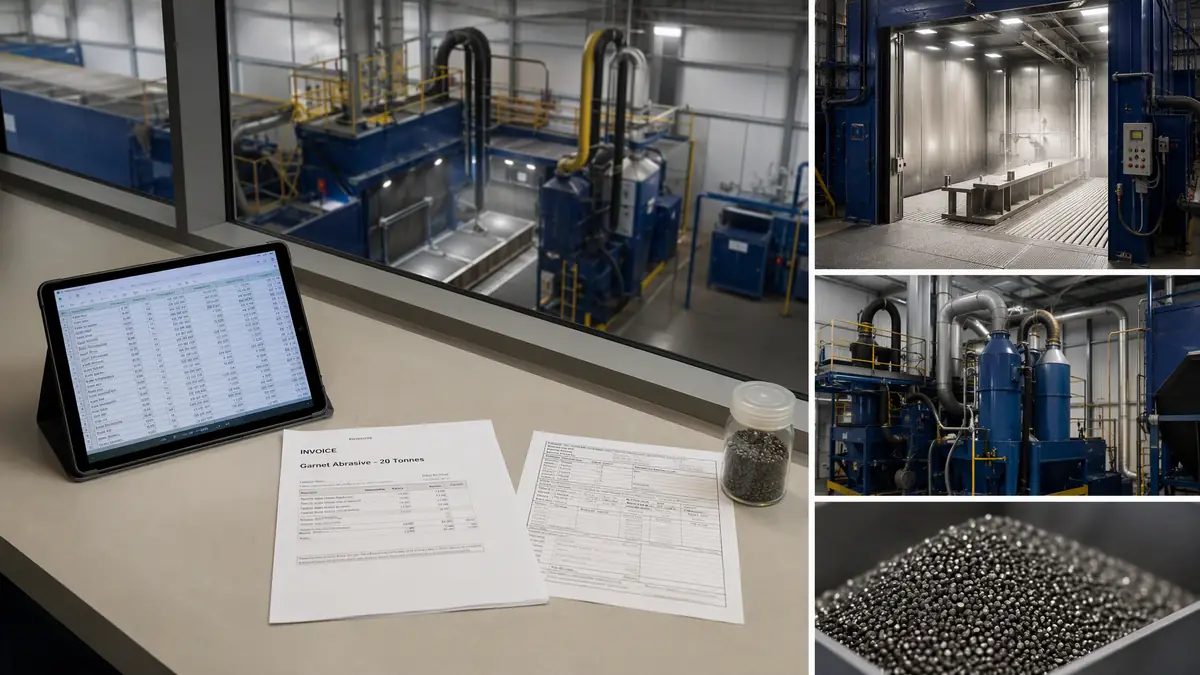 ROI analysis documents and a steel grit sample on a desk overlooking an operational steel grit recycling blast room.