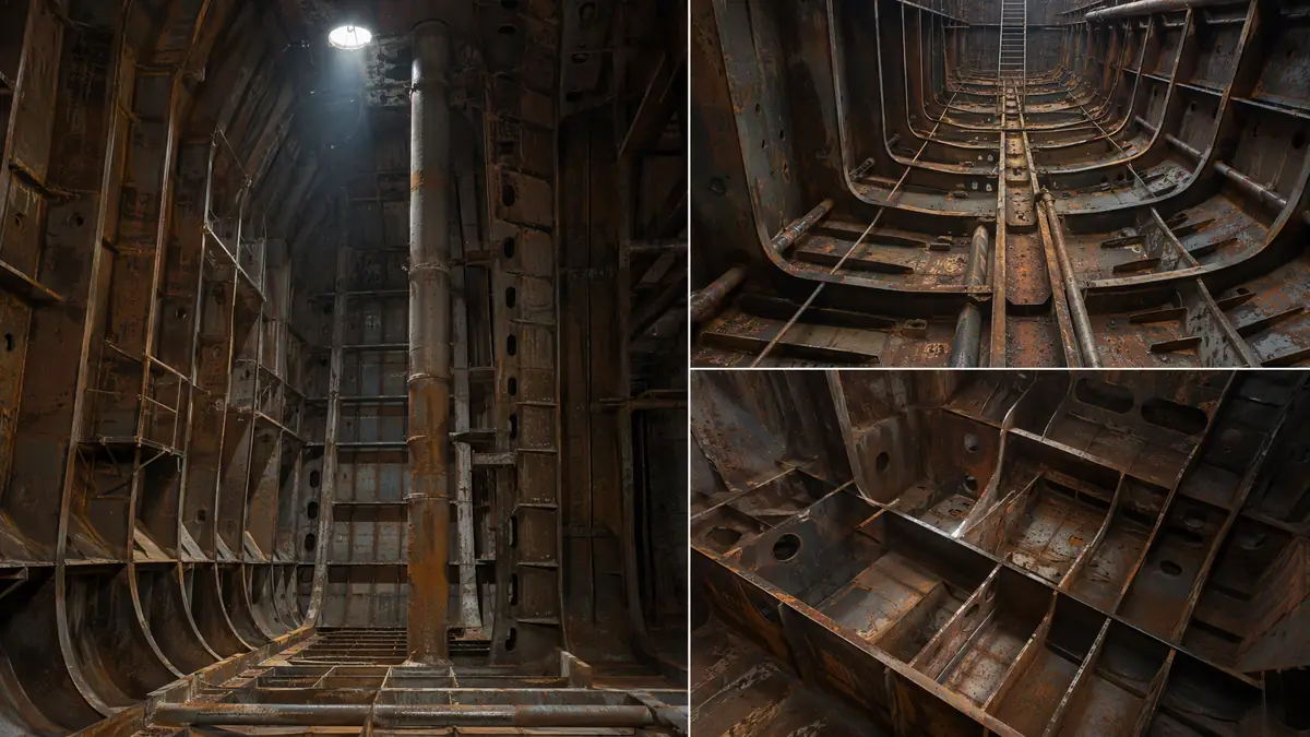 Interior of a rusty, unpainted ship ballast tank showing complex steel structures and surface corrosion.