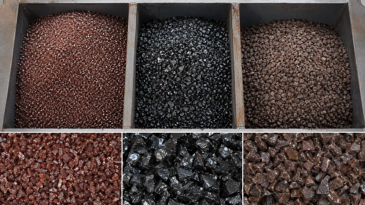 Top-down comparison of garnet, coal slag, and aluminium oxide abrasive grits in separate container segments