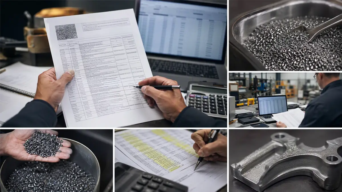 Procurement professional comparing a steel grit supplier quote against a detailed technical specification sheet and cost-per-