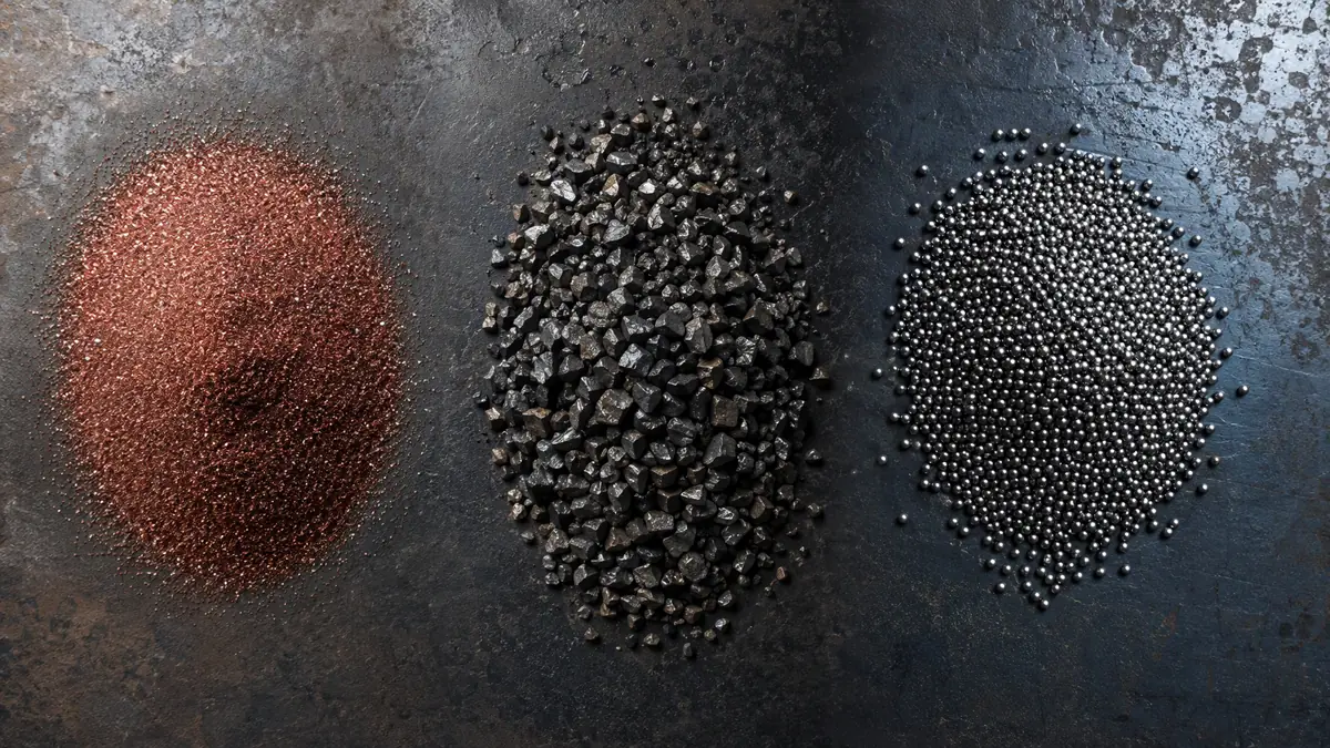 Top-down view of three abrasive piles: red garnet, dark copper slag, and metallic steel shot, visually categorizing their mon