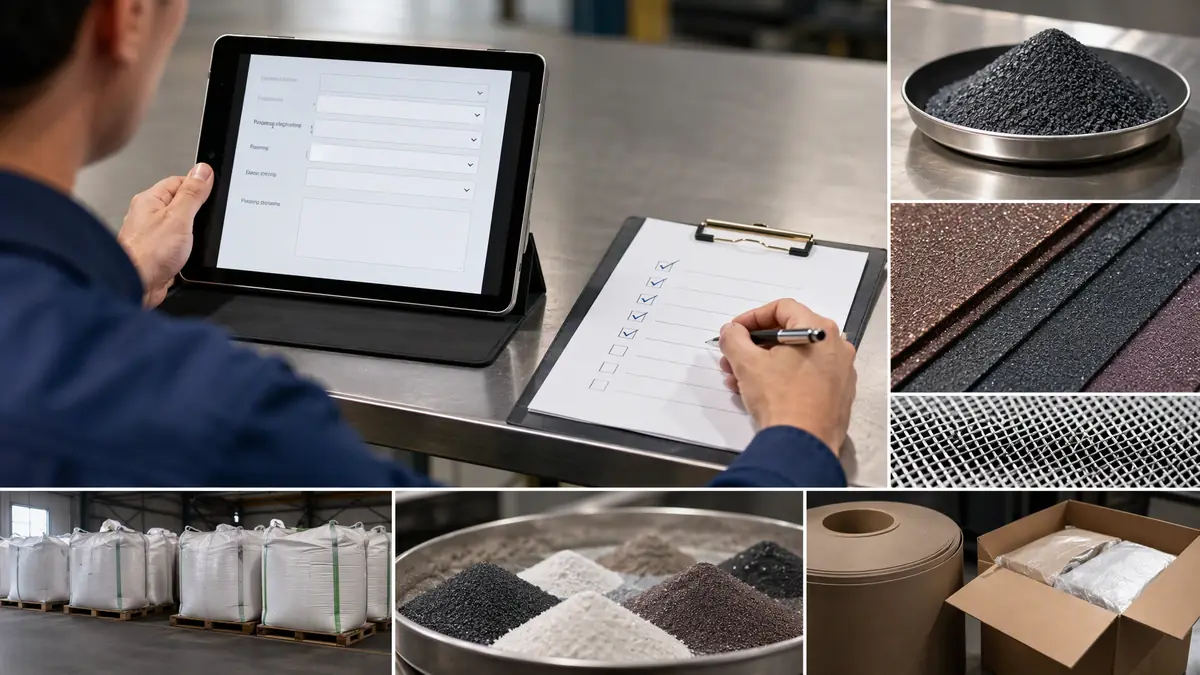 Procurement professional mapping a paper checklist to a digital abrasive quotation form on a tablet.