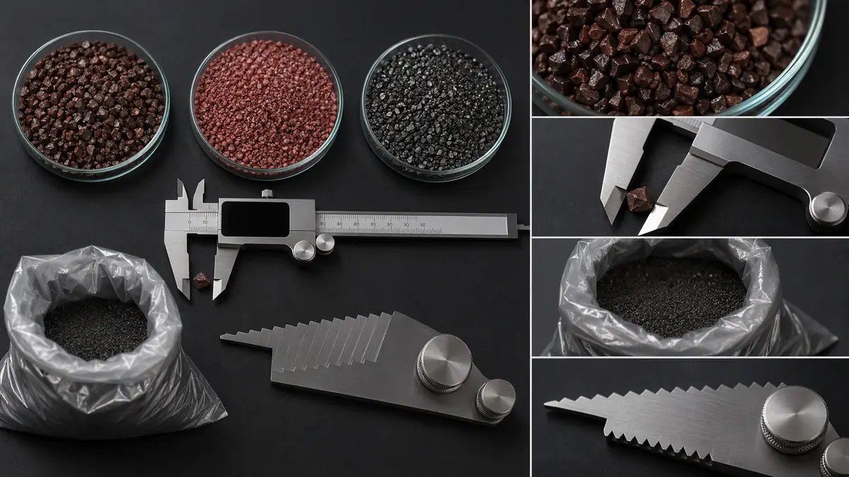 Flat lay of abrasive samples, a caliper, a sample bag, and a profile gauge on a workbench.