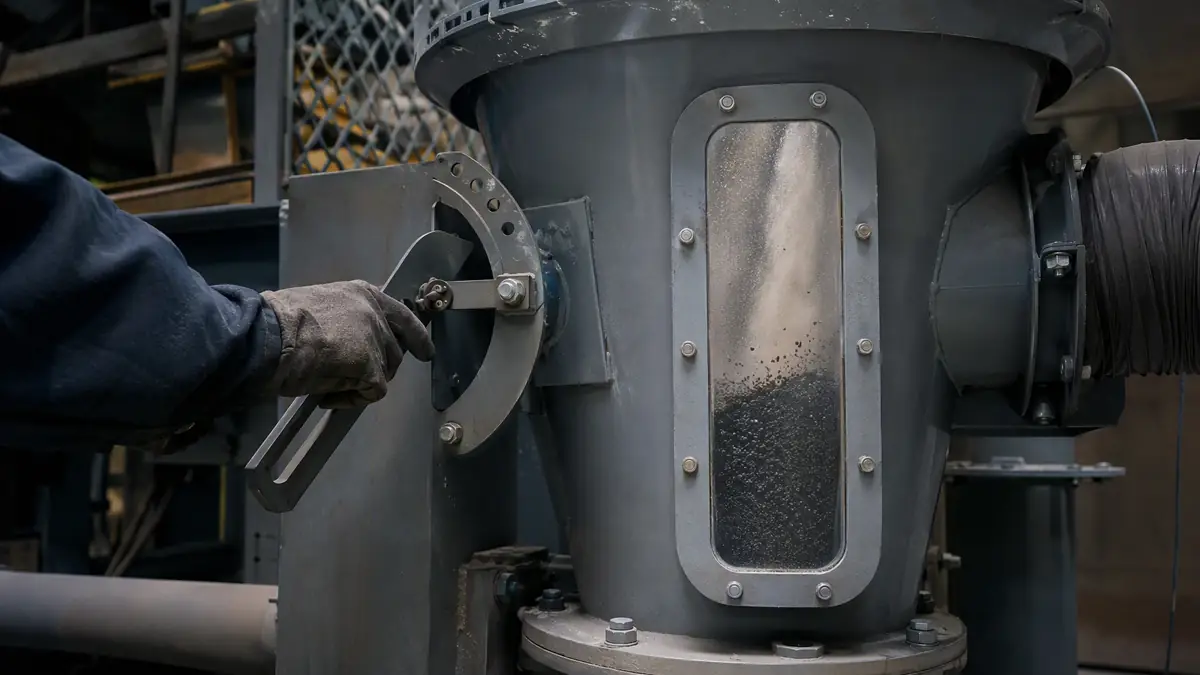 Technician adjusting the air-wash damper on a media classifier, with a sight glass showing good grit and fines being separate