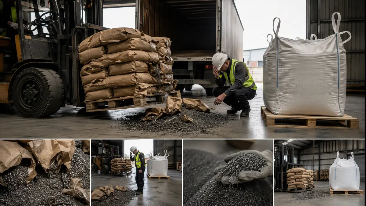Forklift unloading damaged paper bags of steel grit next to a pristine supersack, illustrating common procurement mistakes in