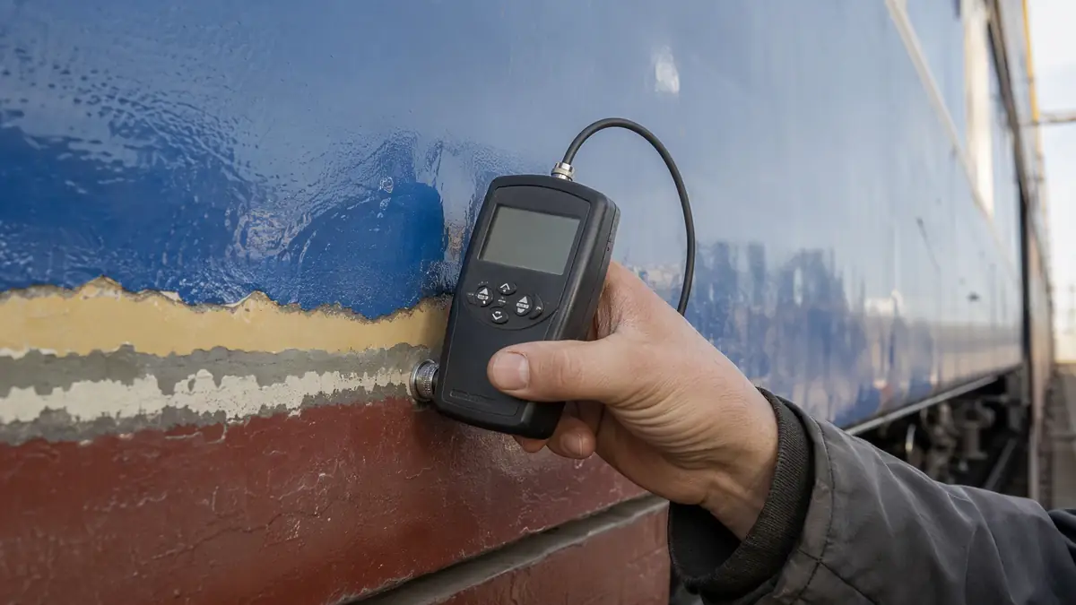 Technician's hand using a dry film thickness gauge on a railcar's thick polyurethane coating