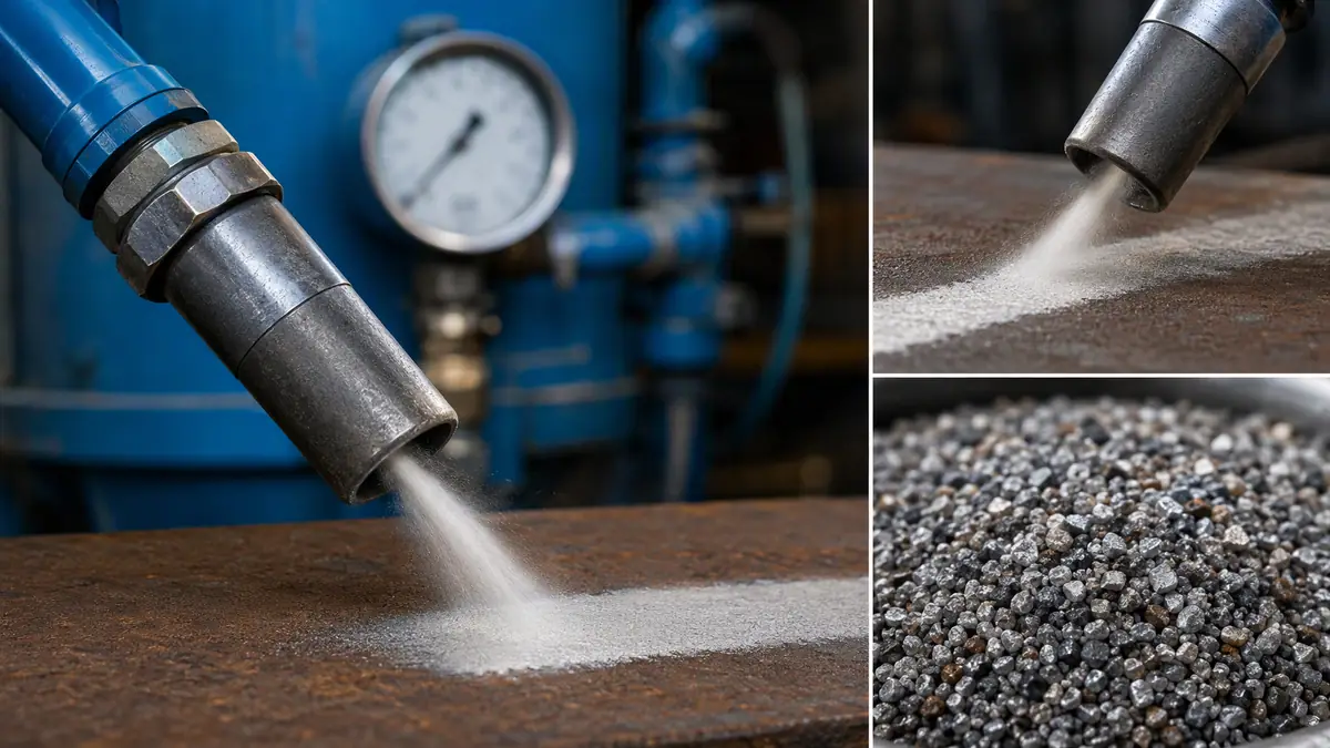 Venturi blast nozzle at a 45-degree angle impacting a steel surface, with a pressure gauge in the background.