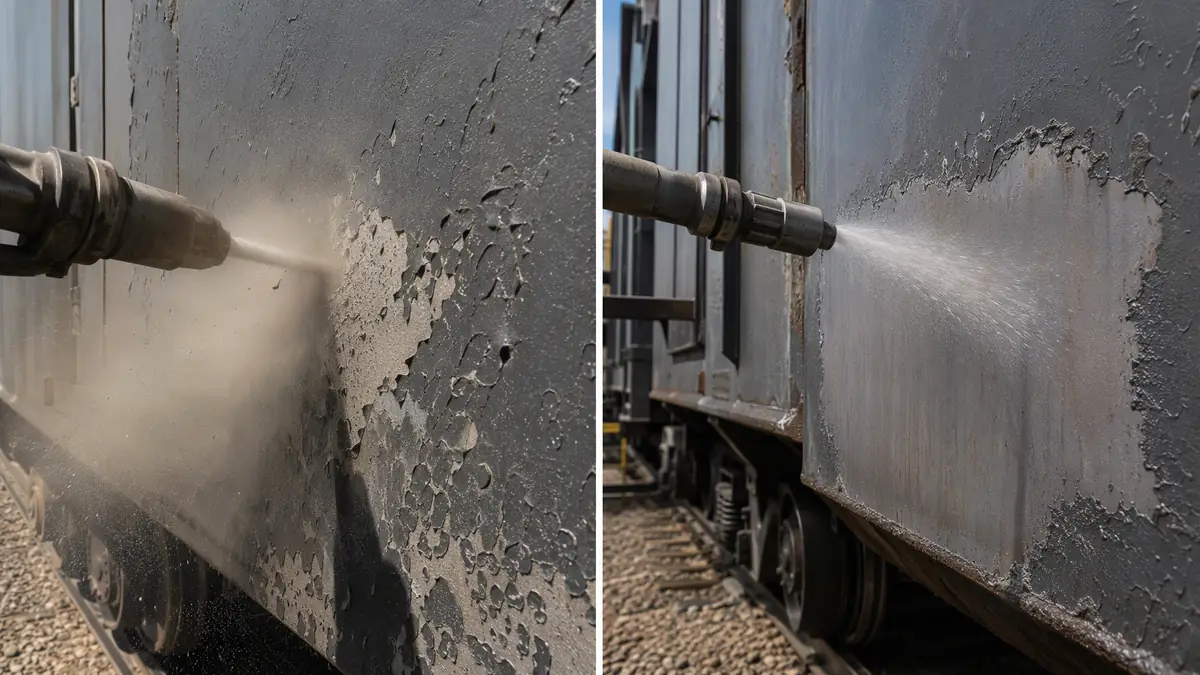 Split-screen comparison of ineffective fine media blasting versus productive coarse media blasting on a railcar epoxy coating