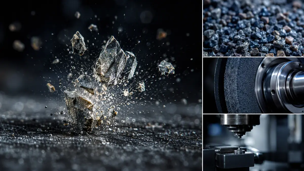 High-speed macro shot of a single abrasive particle shattering into smaller fragments upon impact.