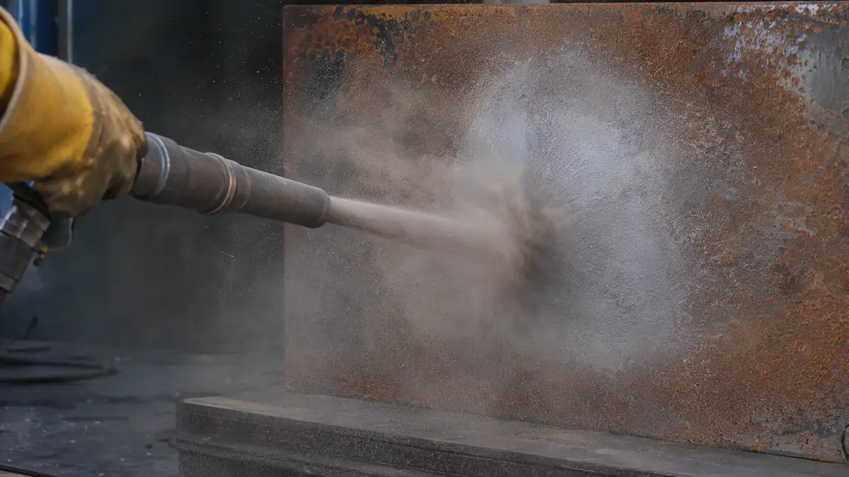 A diffuse, dusty blast stream from a nozzle hitting a steel plate, creating a dull polished area instead of a clean profile.