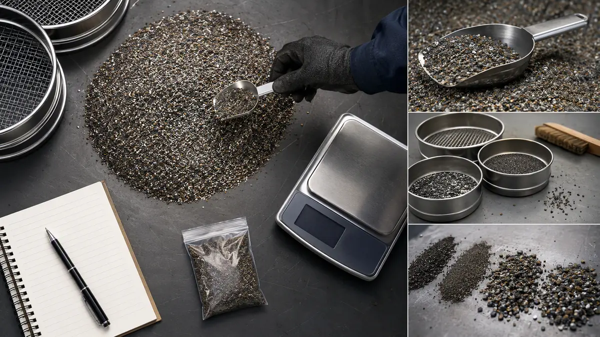 Top-down view of an industrial workbench with abrasive media, a scale, sieves, and sampling tools for building a breakdown cu