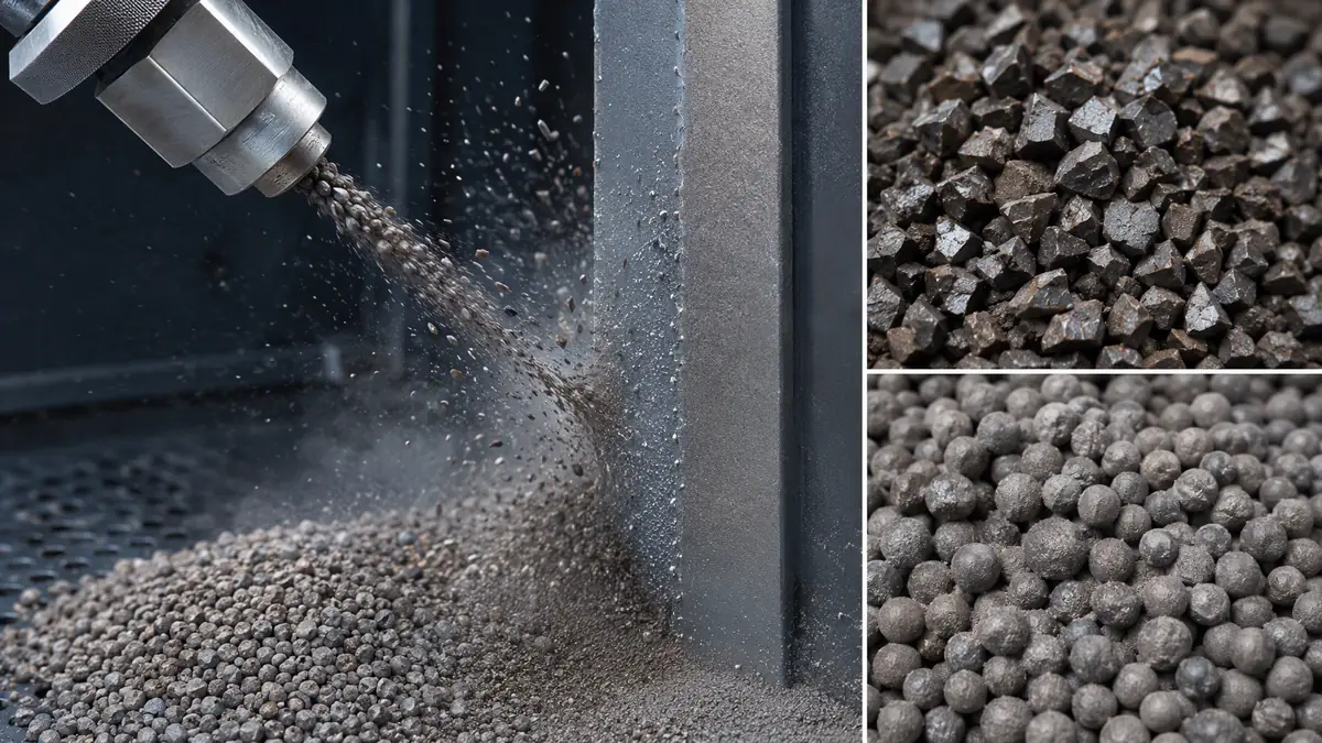Close-up of abrasive particles fracturing on impact inside a blast cabinet, with fines accumulating below.