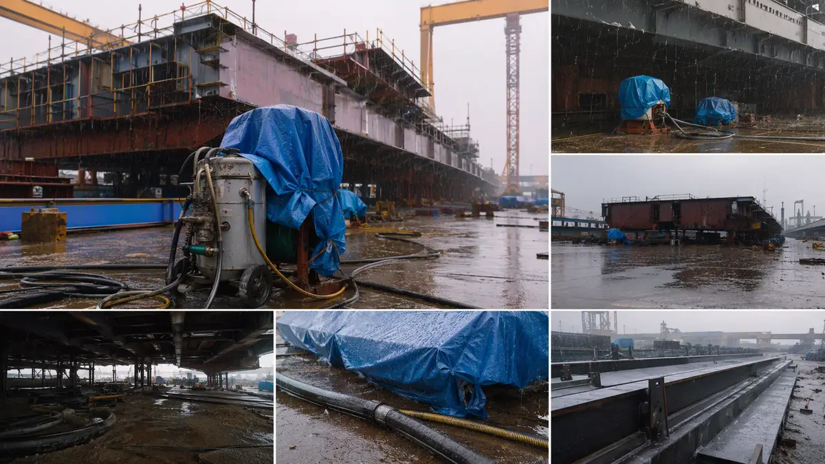 Deserted outdoor industrial blasting site at a shipyard during heavy Indian monsoon rain, with idle sandblasting equipment co
