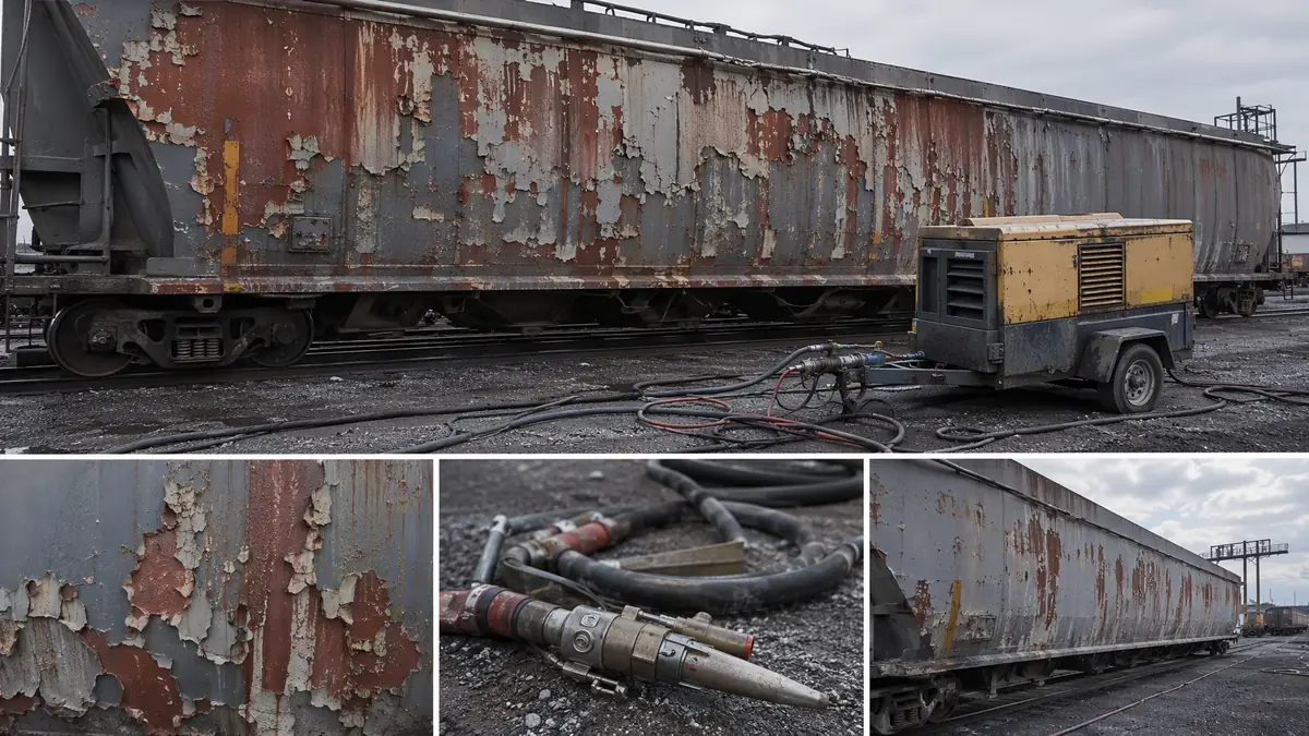Weathered freight railcar with peeling thick coatings on a maintenance siding, blast hoses and compressor staged nearby for r