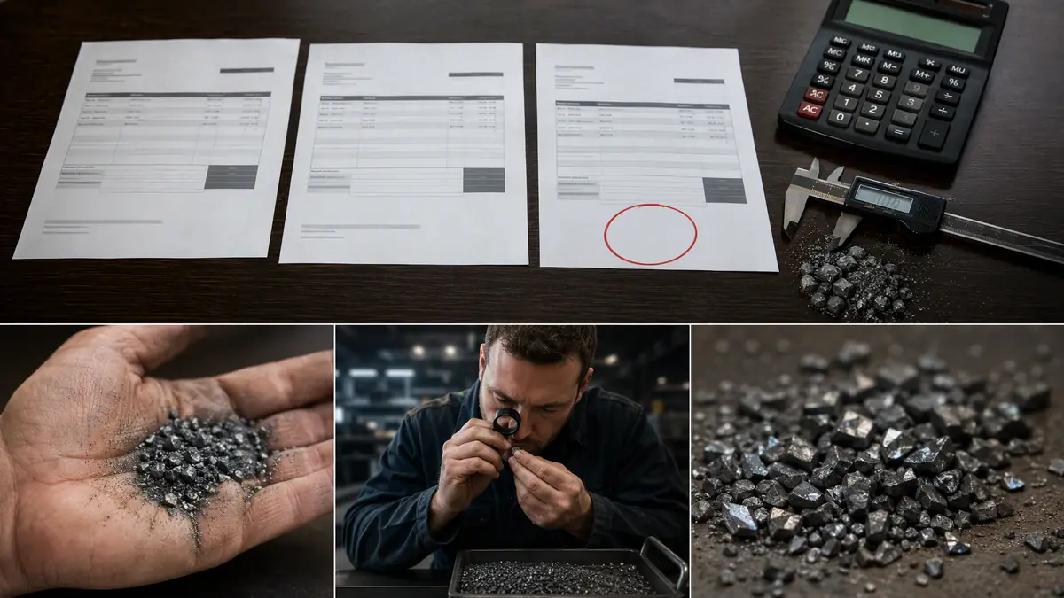 Three abrasive price quotes on a desk with a calculator and a sample of inconsistent steel grit, highlighting the risk of cho